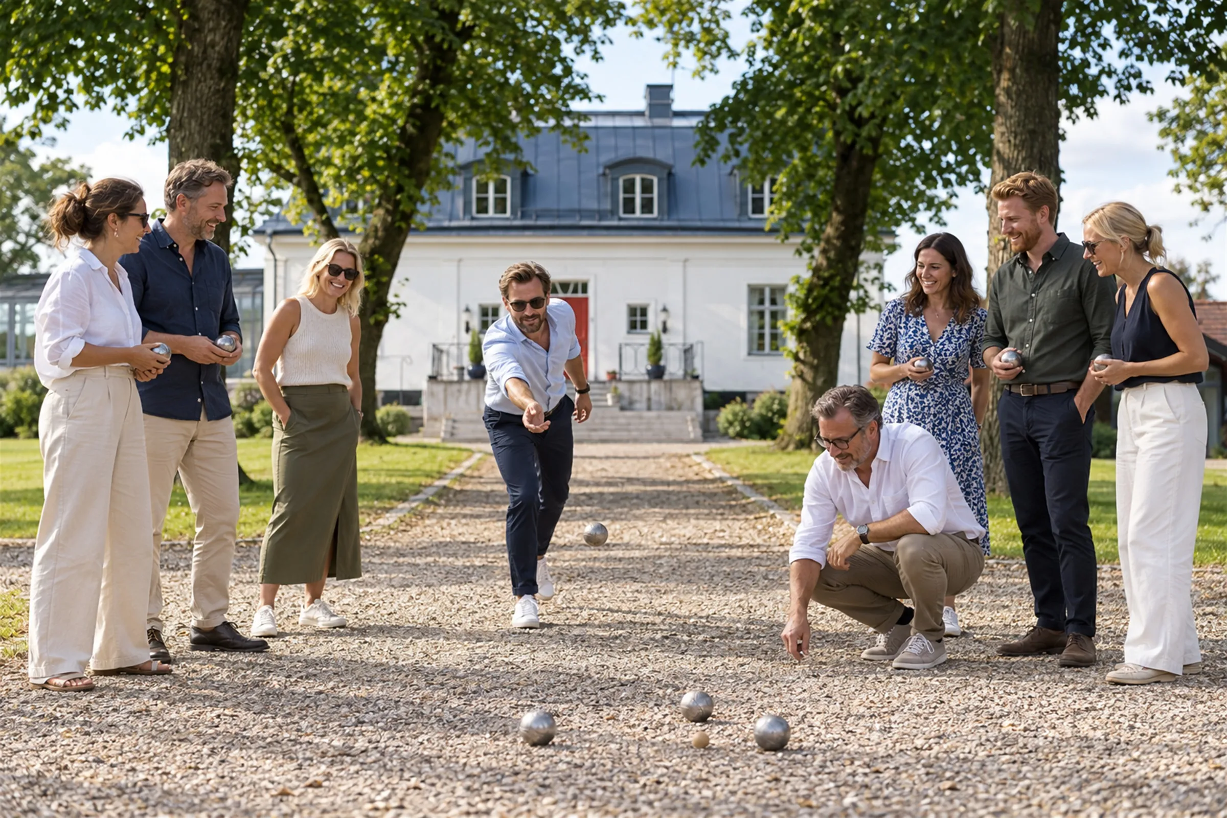 Åtta kollegor spelar boule på en grusplan framför en vit herrgård en solig sommardag.