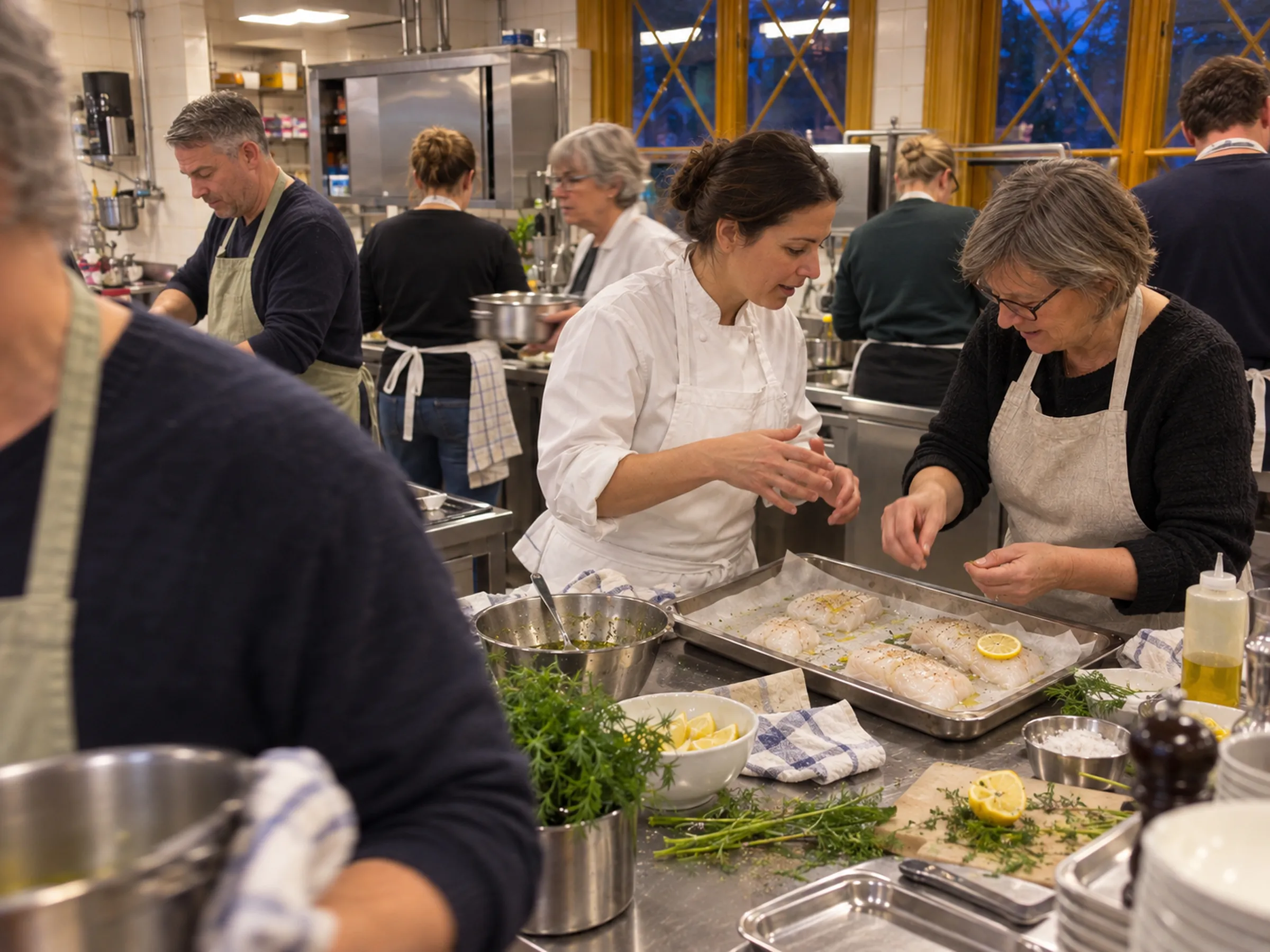 Deltagare förbereder fiskfiléer på plåtar i ett stort restaurangkök tillsammans med kockar.