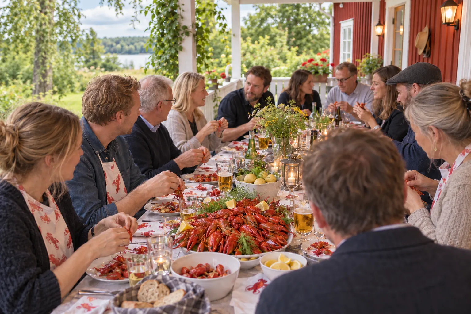 Ett långbord med kräftor, öl och kulörta lyktor på en veranda vid ett rött hus, med gäster i kräftförkläden och vatten i bakgrunden.