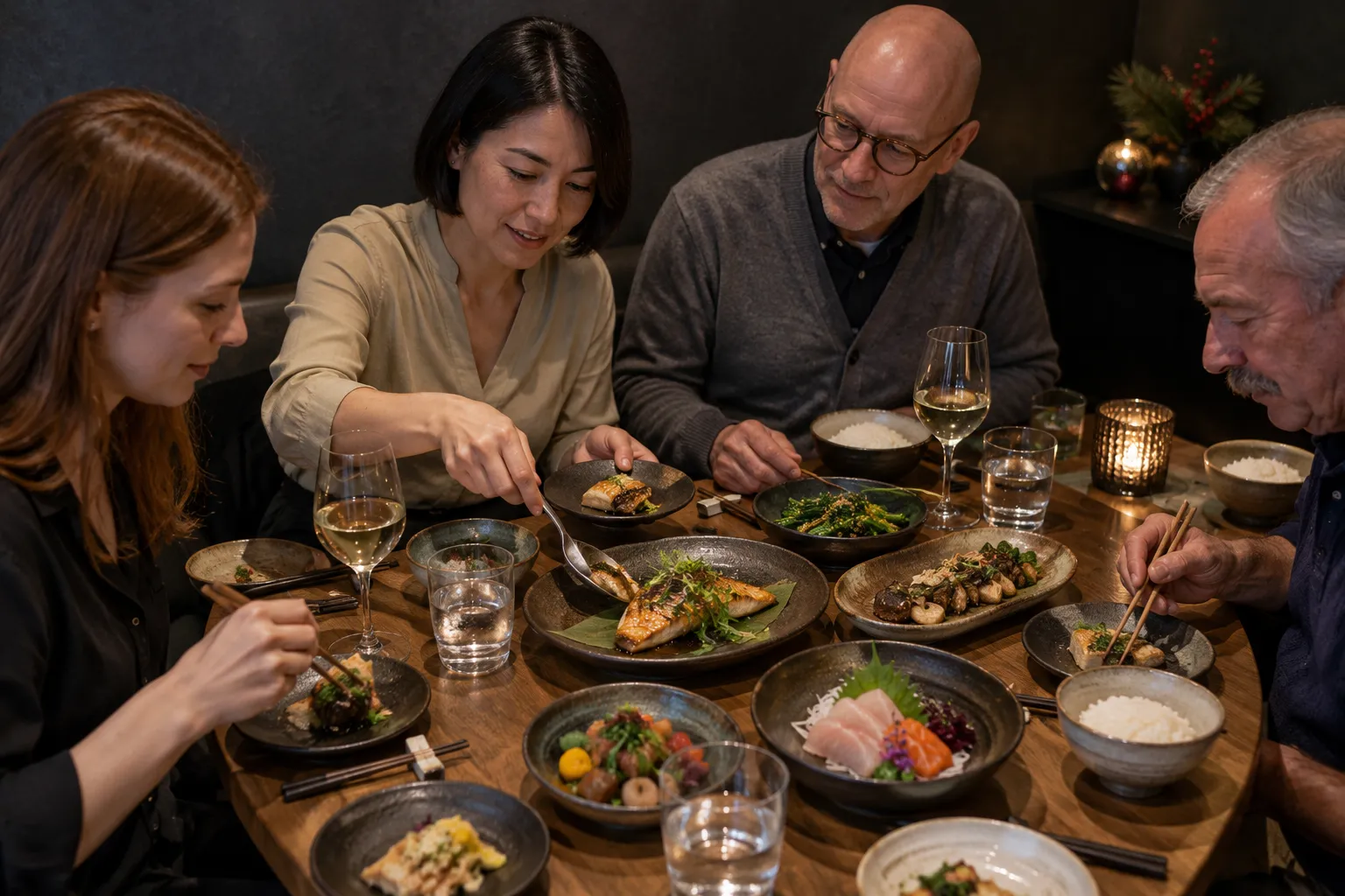 Ett sällskap delar japanska rätter i flera små serveringar vid ett bord i en dämpat upplyst restaurang.