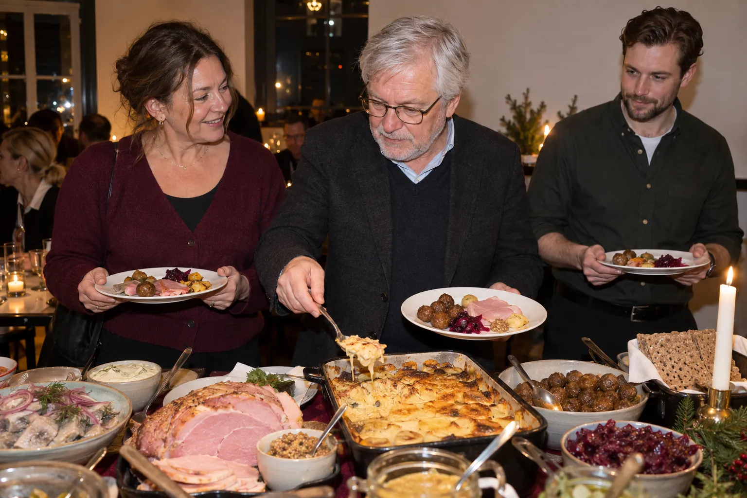 Kollegor tar för sig av ett julbord med skinka, Janssons frestelse, köttbullar och rödkål.