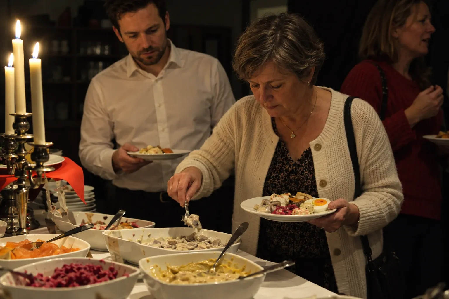 Gäster tar för sig av sill, lax och rödbetssallad från ett julbord i levande ljus.