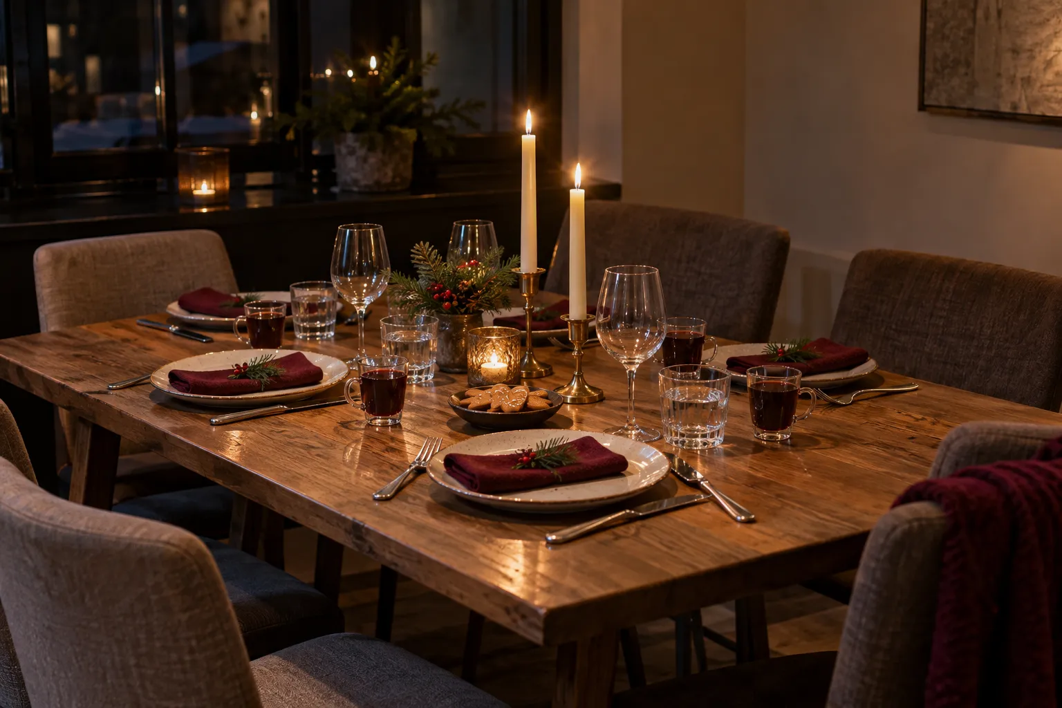 Ett dukat bord med vinröda servetter, glas och tända ljus väntar på gästerna.
