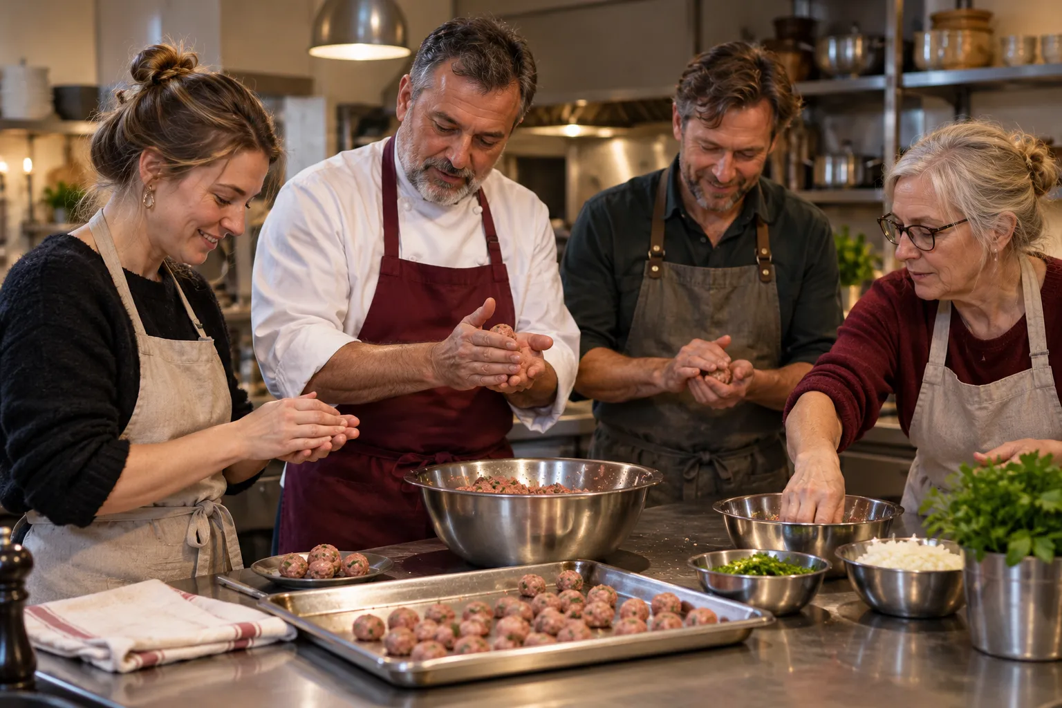 Kollegor i förkläden rullar köttbullar tillsammans med en kock i ett restaurangkök.