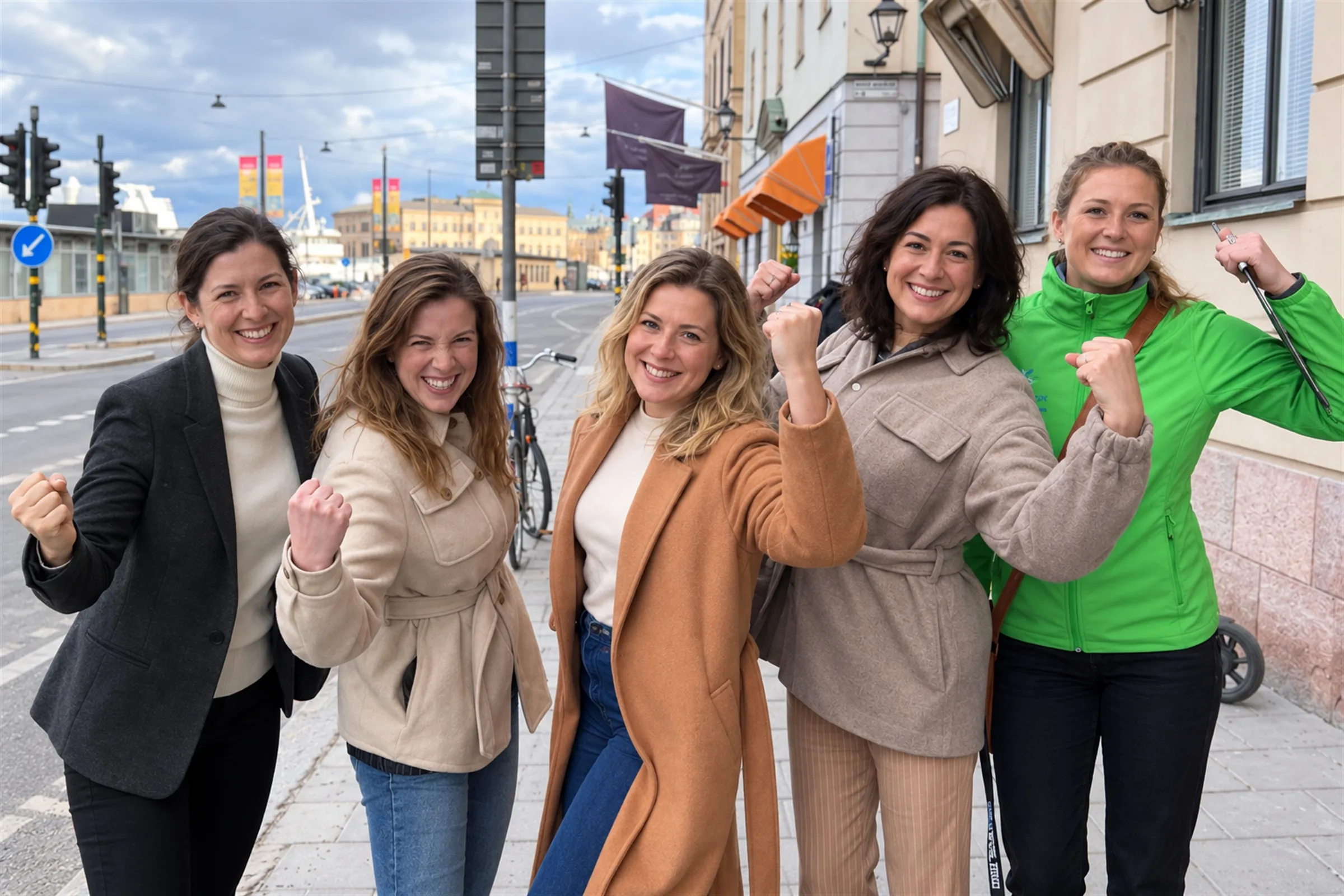 En grupp glada kollegor jublar tillsammans på en gata i Stockholm.