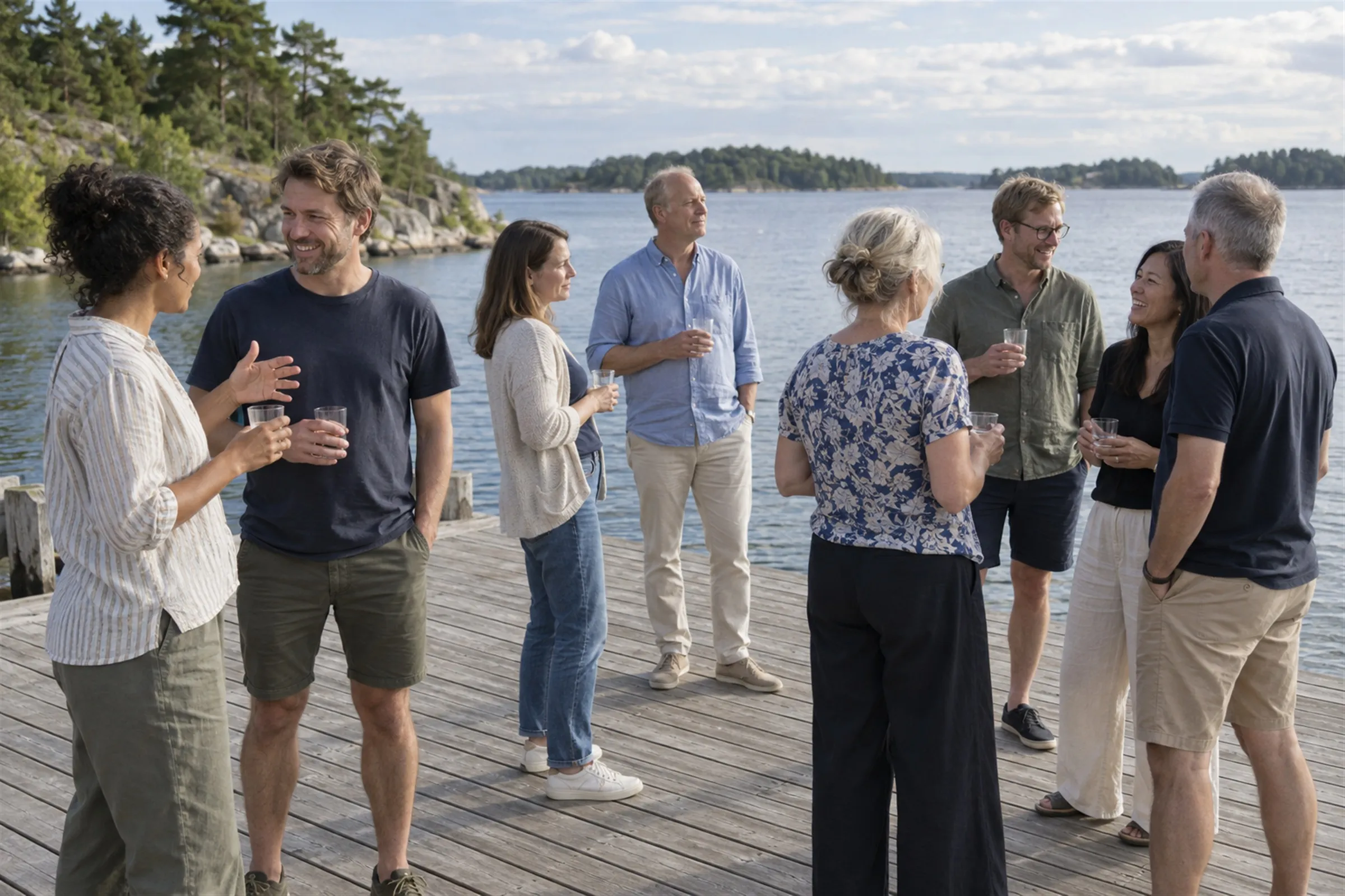 Kollegor minglar med glas i handen på en brygga i skärgården en solig sommareftermiddag.