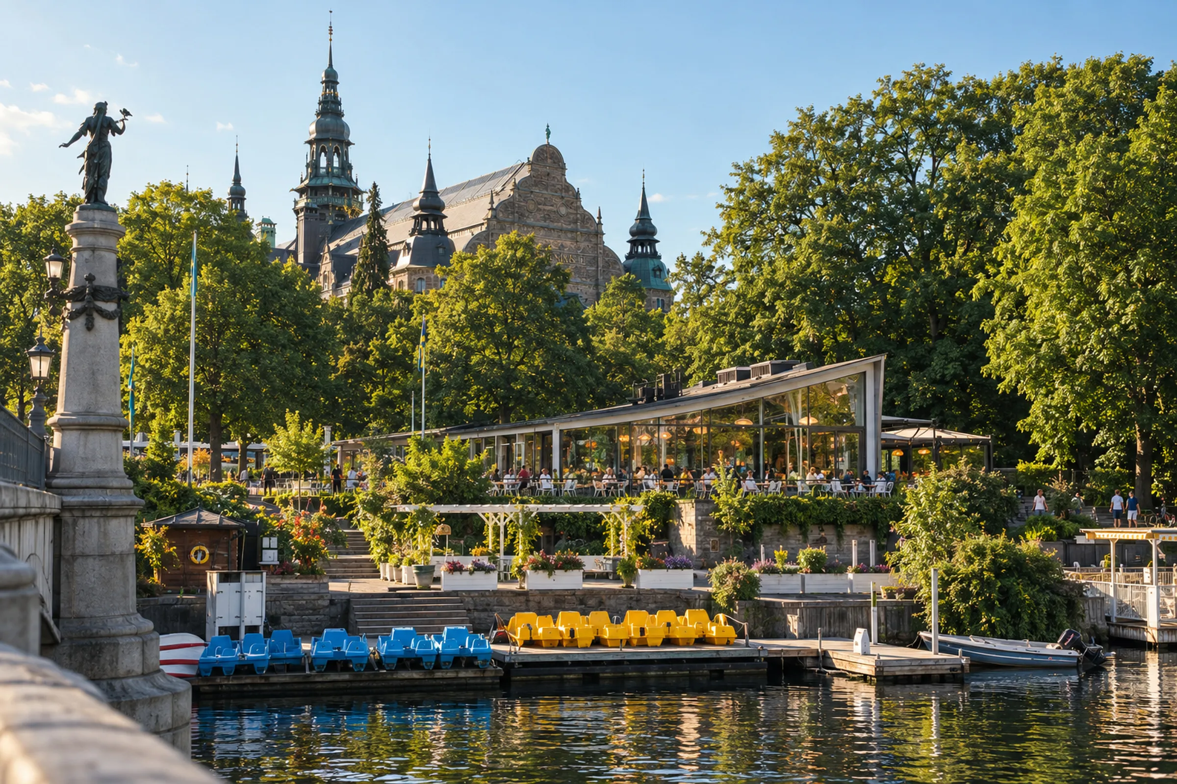 En glasad restaurangpaviljong bland lummiga träd vid vattnet, med trampbåtar vid bryggan och tornprydda byggnader i bakgrunden.